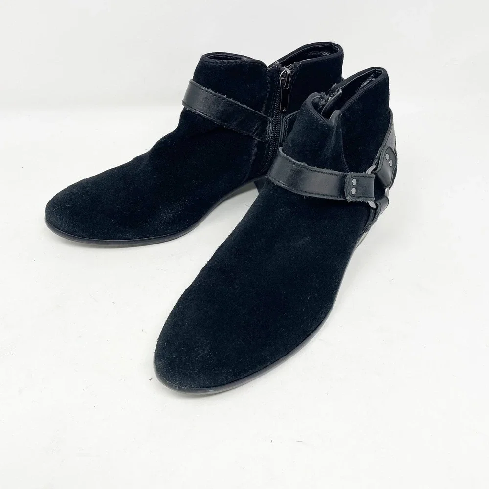 Sam Edelman Black Suede Harness Ankle Boots Size 8 Block Heel Zip Booties